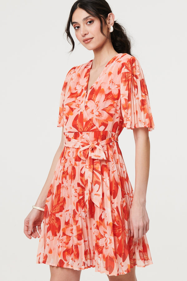 Orange | Floral Pleated Angel Sleeve Mini Dress
