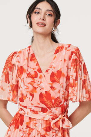 Orange | Floral Pleated Angel Sleeve Mini Dress
