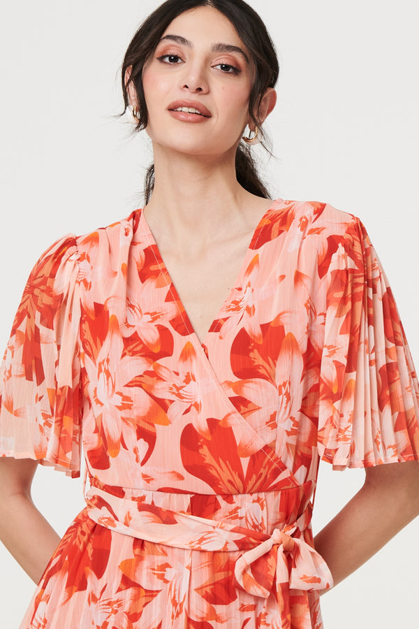 Orange | Floral Pleated Angel Sleeve Mini Dress
