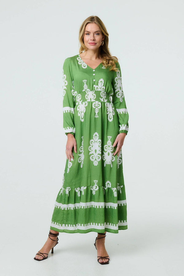 Green | Ikat Print Long Sleeve Maxi Smock Dress
