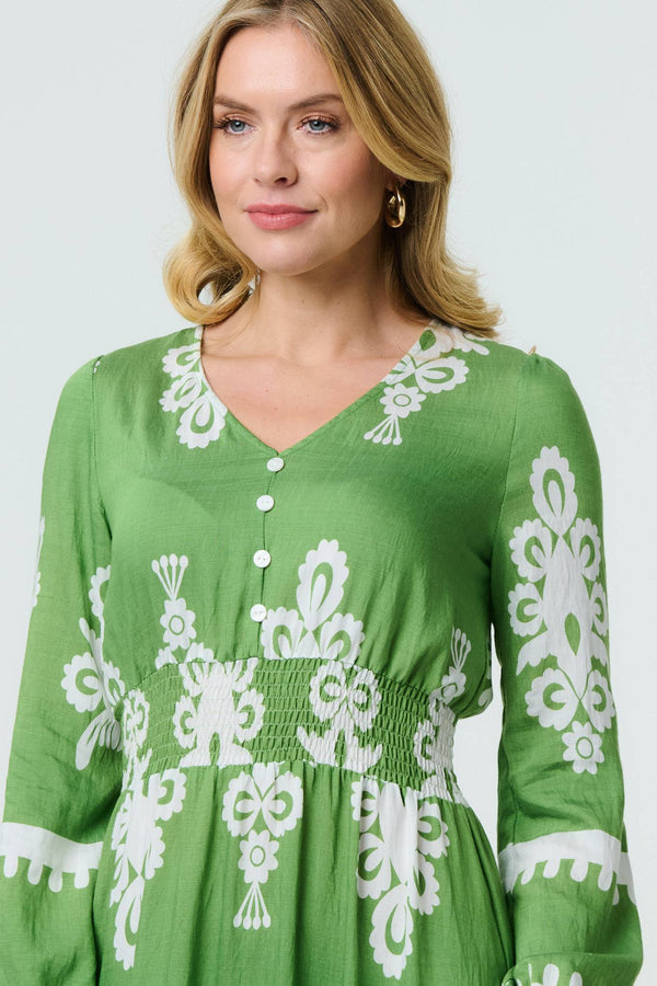 Green | Ikat Print Long Sleeve Maxi Smock Dress
