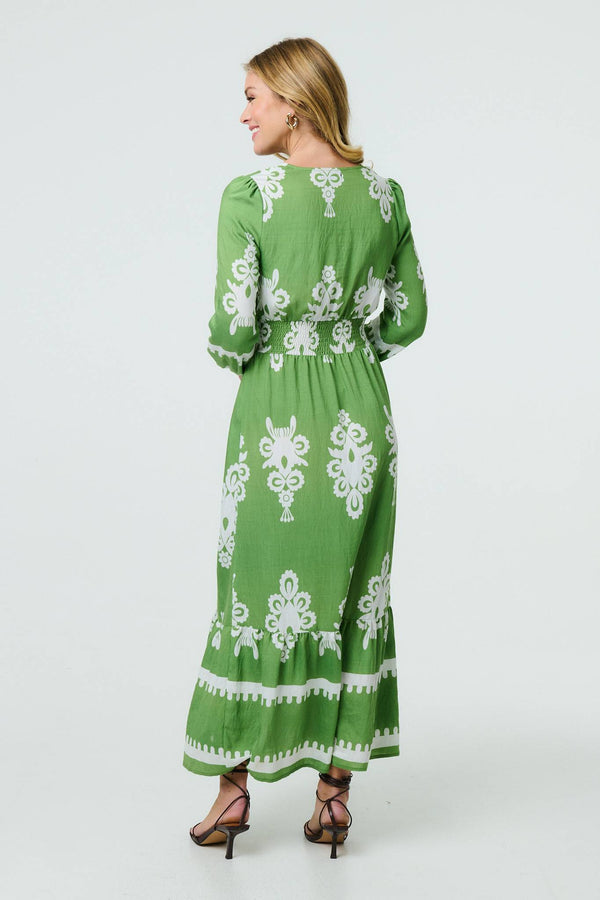 Green | Ikat Print Long Sleeve Maxi Smock Dress
