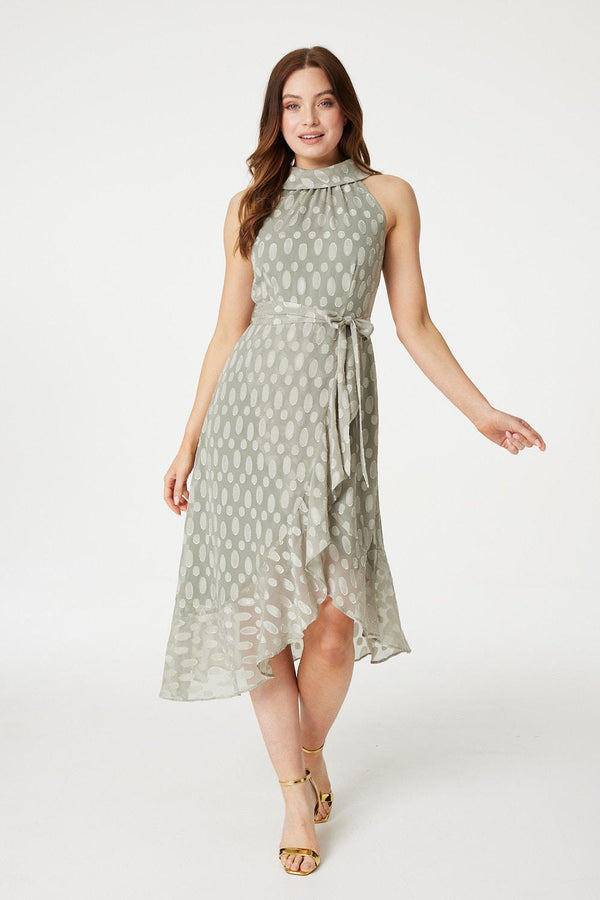 Sage | Spotty Halter Neck Midi Dress