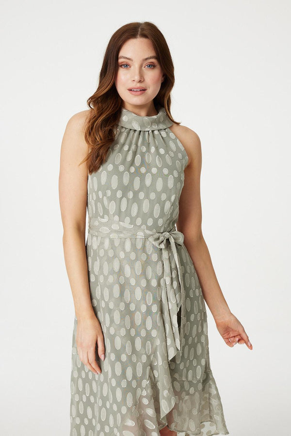 Sage | Spotty Halter Neck Midi Dress