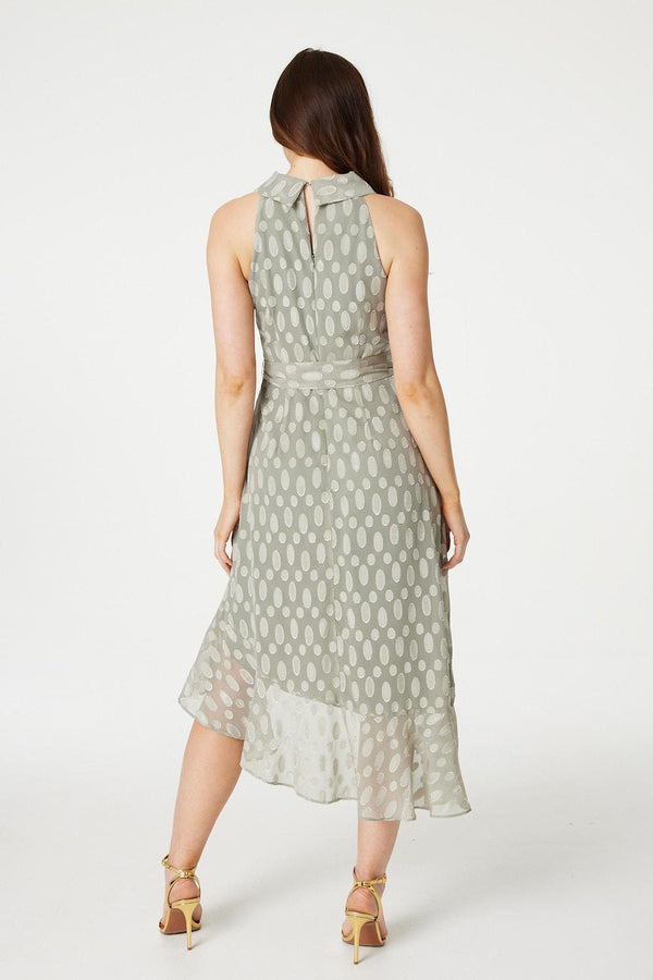 Sage | Spotty Halter Neck Midi Dress