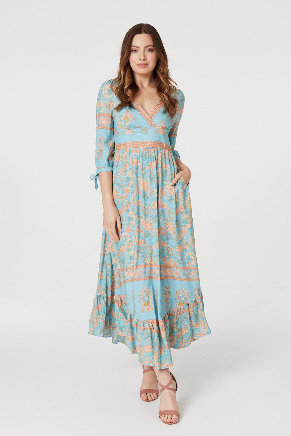 Sage | Floral Tie Sleeve Midi Dress