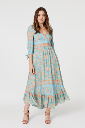 Sage | Floral Tie Sleeve Midi Dress