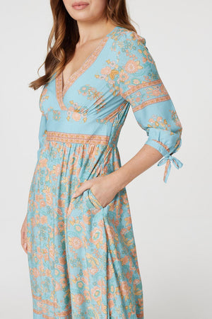 Sage | Floral Tie Sleeve Midi Dress