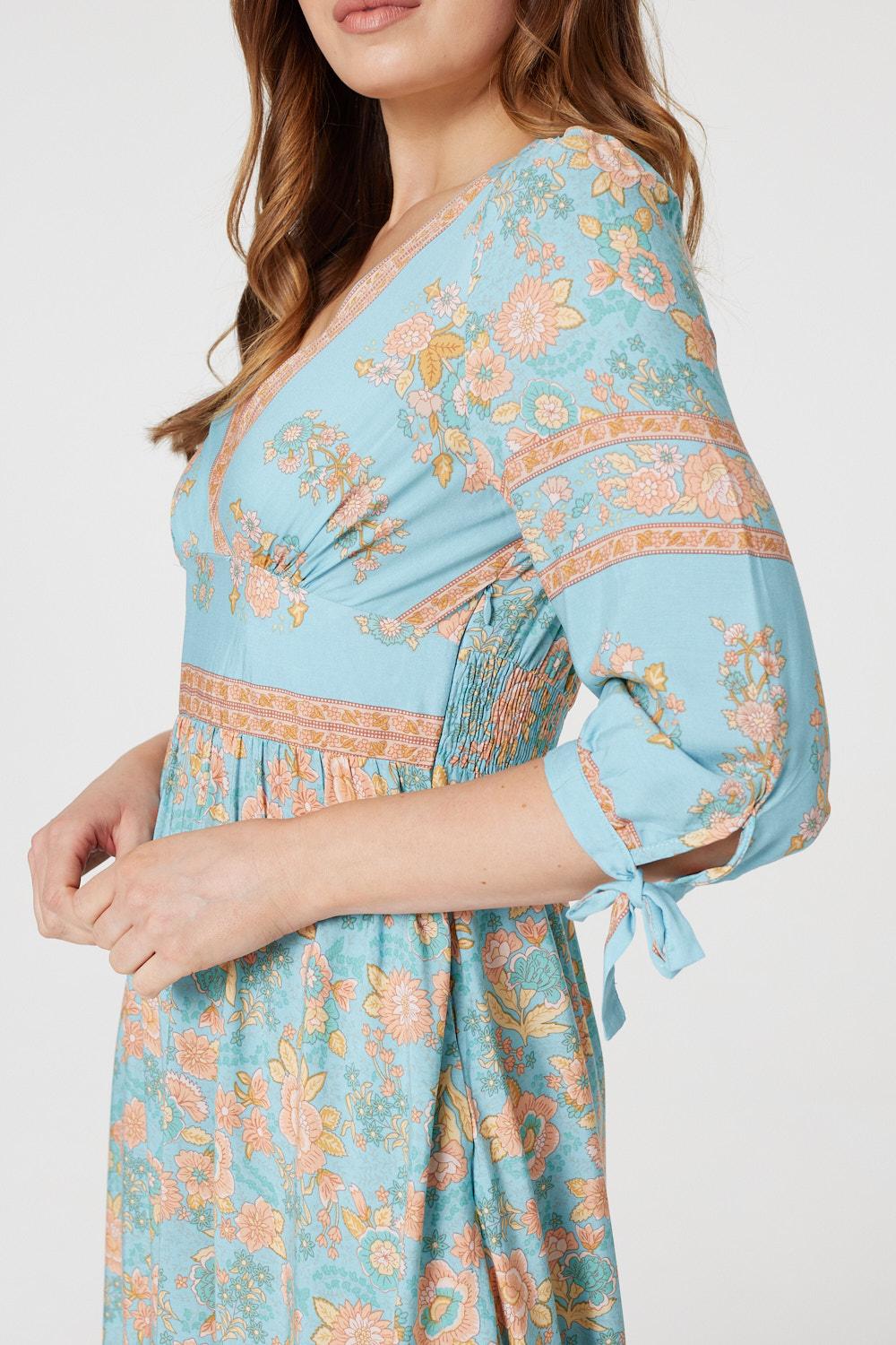 Sage | Floral Tie Sleeve Midi Dress