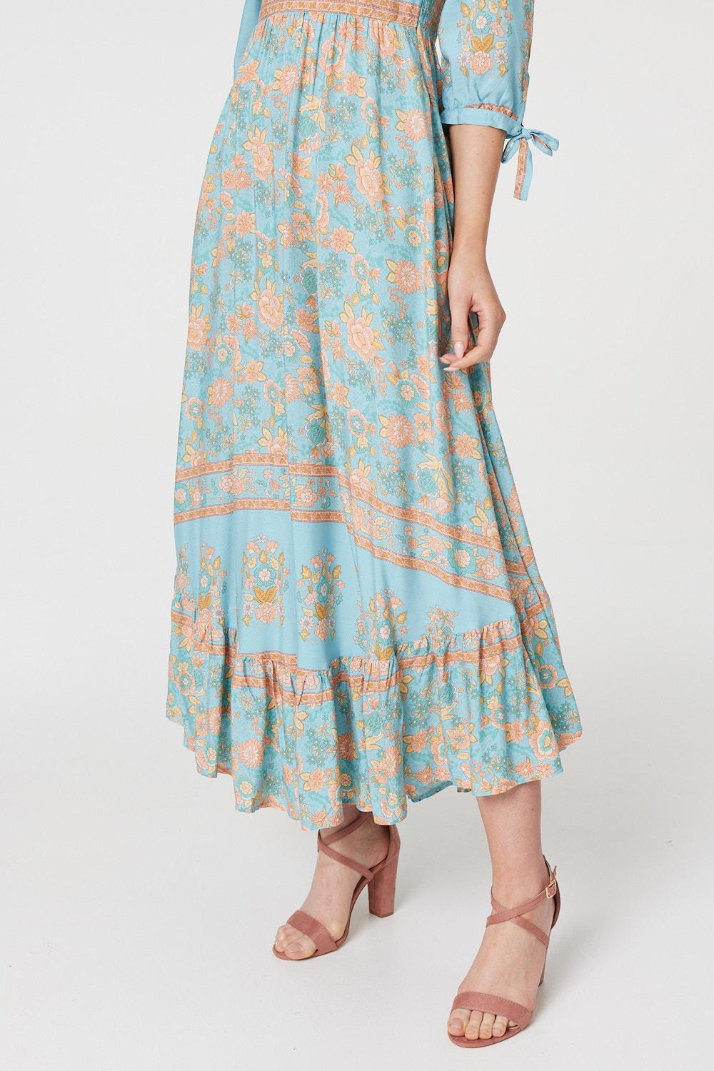Sage | Floral Tie Sleeve Midi Dress