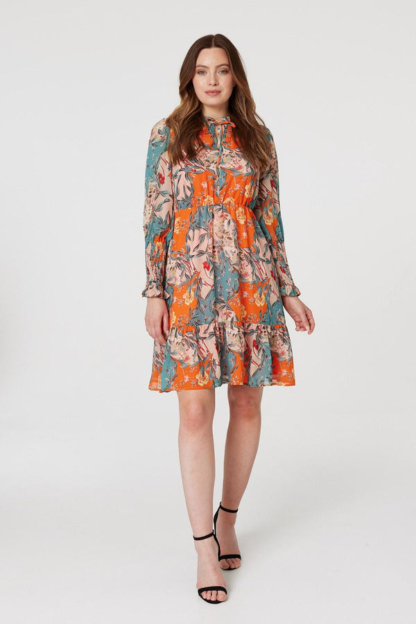 Orange | Floral Tie Neck Short Dress