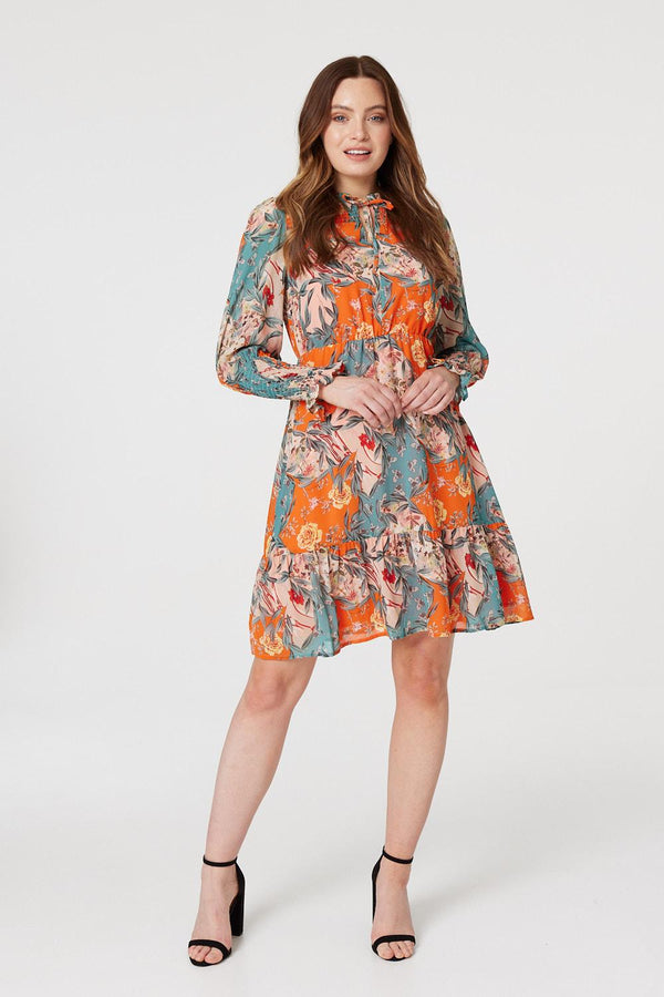 Orange | Floral Tie Neck Short Dress