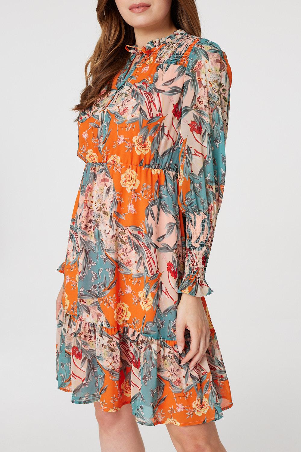 Orange | Floral Tie Neck Short Dress