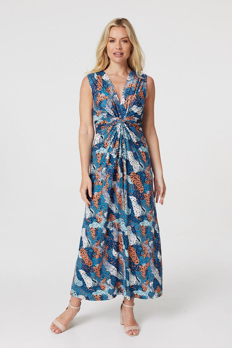 Blue | Printed Knot Front Maxi Dress