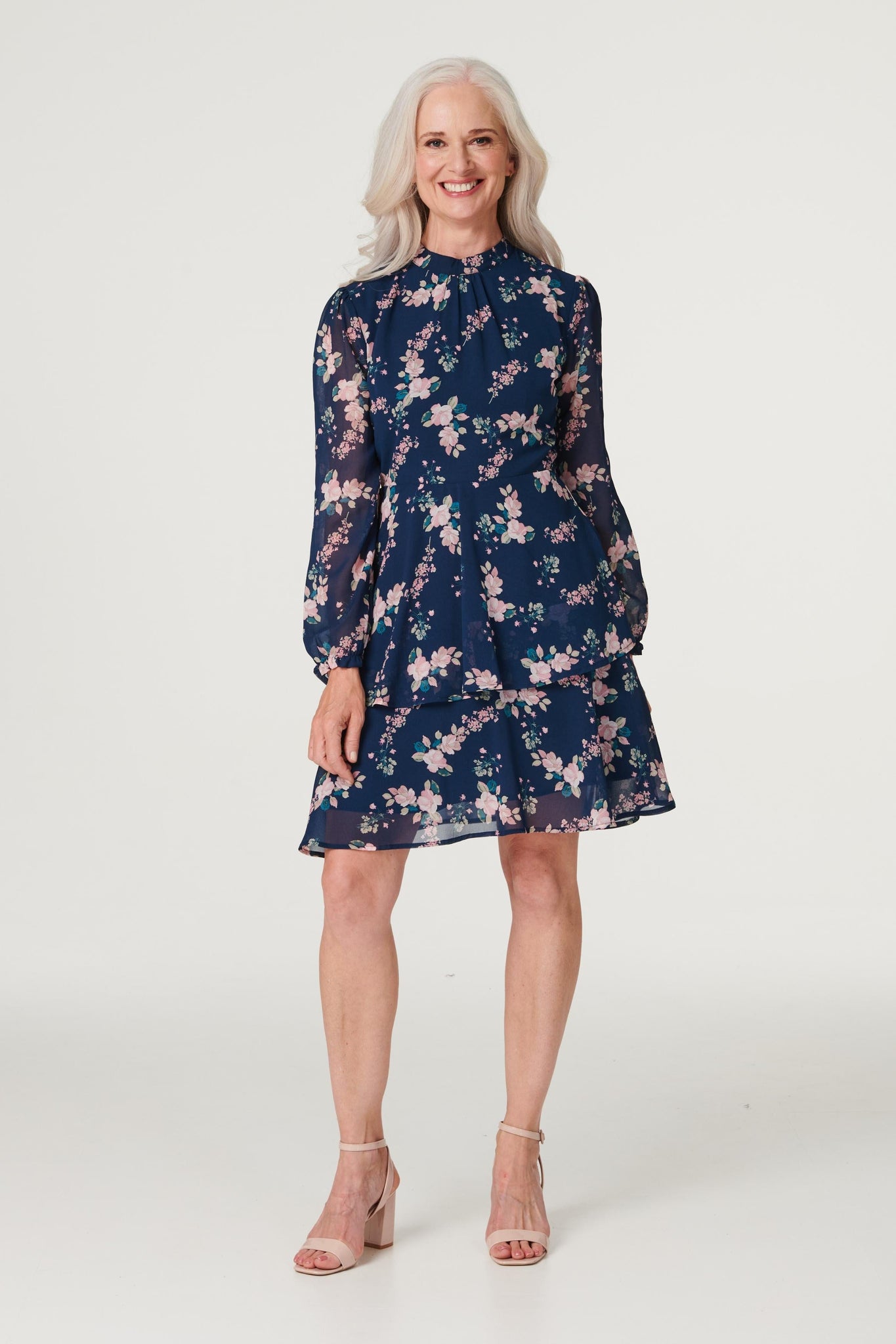 Navy | Floral High Neck Layered Dress