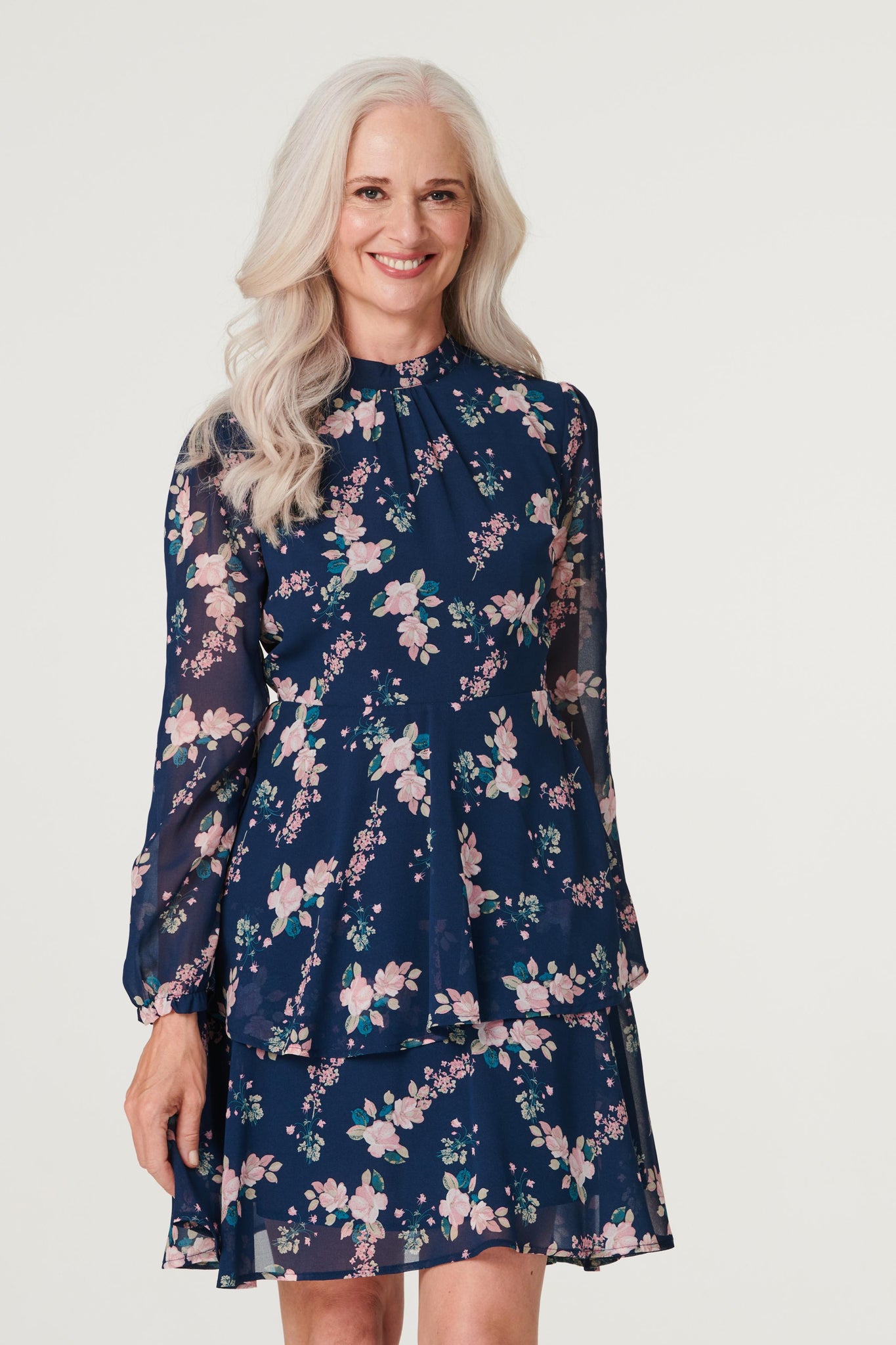 Navy | Floral High Neck Layered Dress