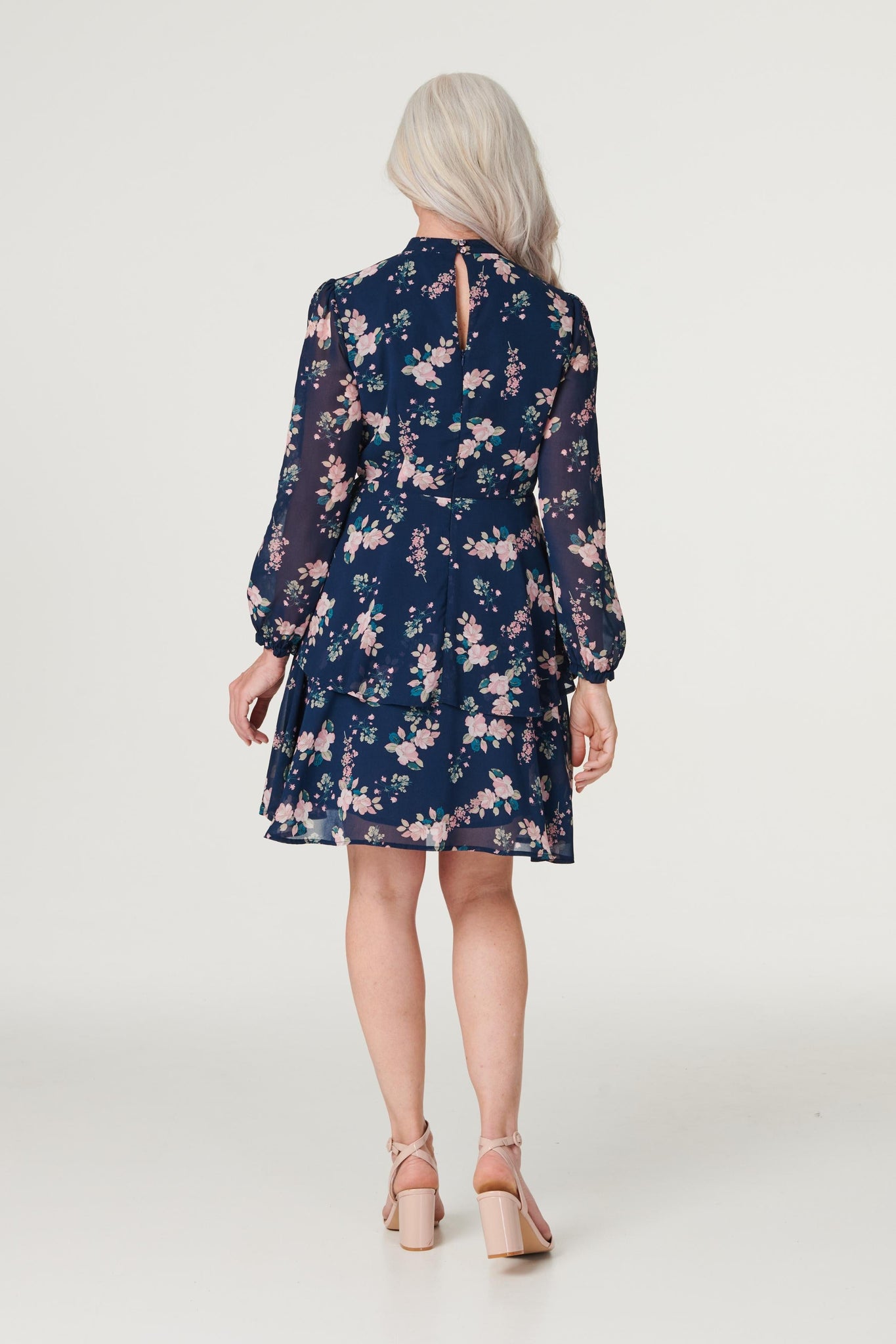Navy | Floral High Neck Layered Dress