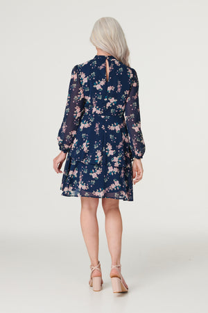 Navy | Floral High Neck Layered Dress