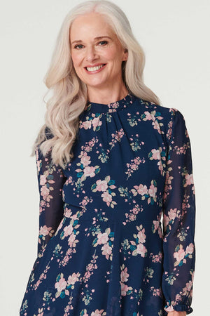 Navy | Floral High Neck Layered Dress