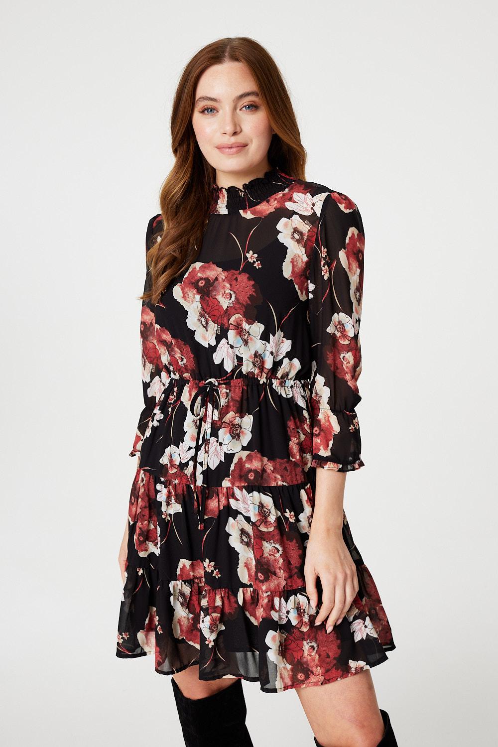 Black | Floral High Neck Smock Dress