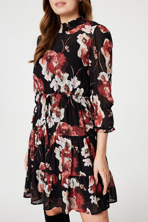 Black | Floral High Neck Smock Dress