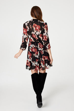 Black | Floral High Neck Smock Dress