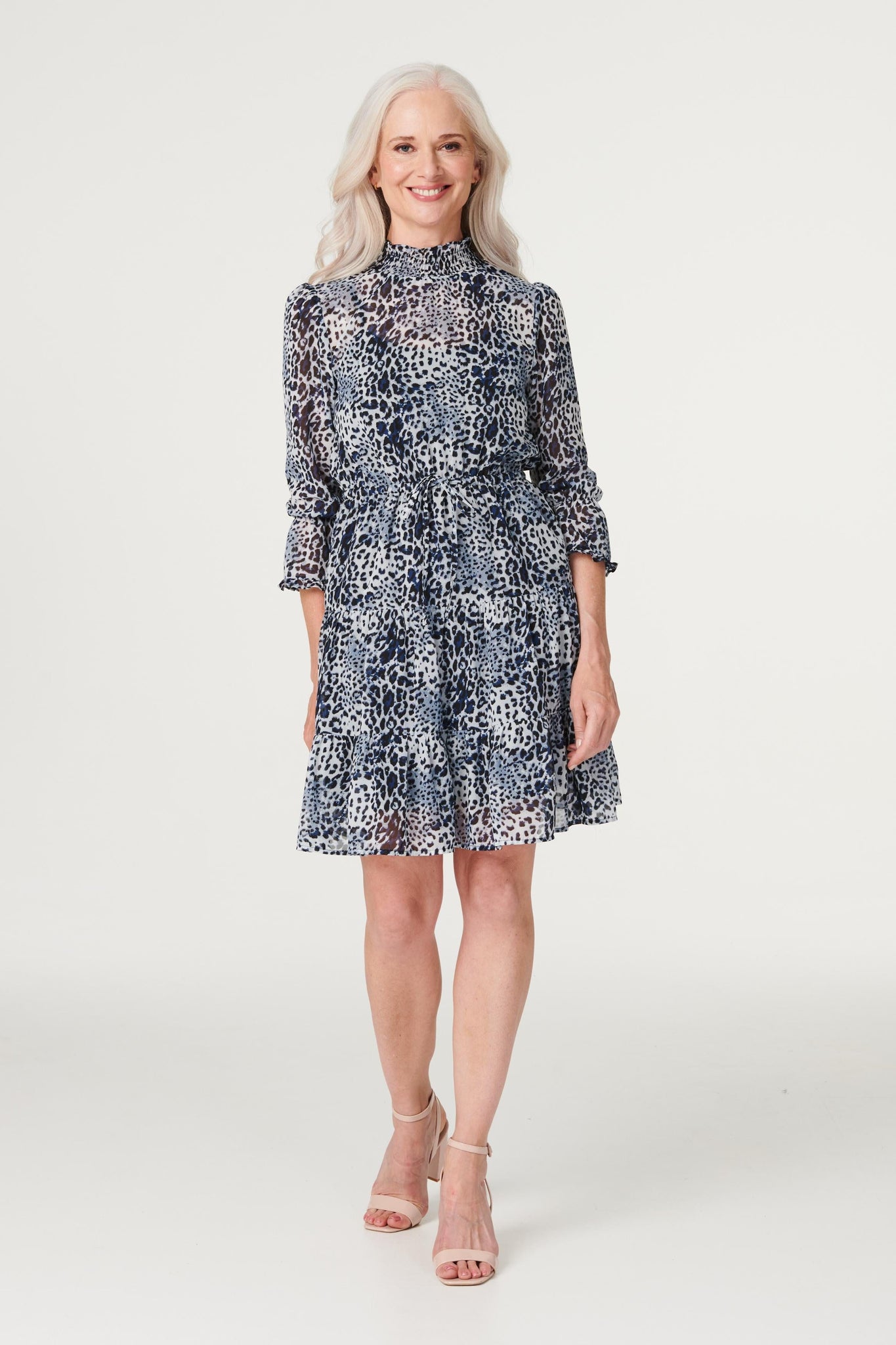 Blue | Leopard Print Shirred Neck Dress