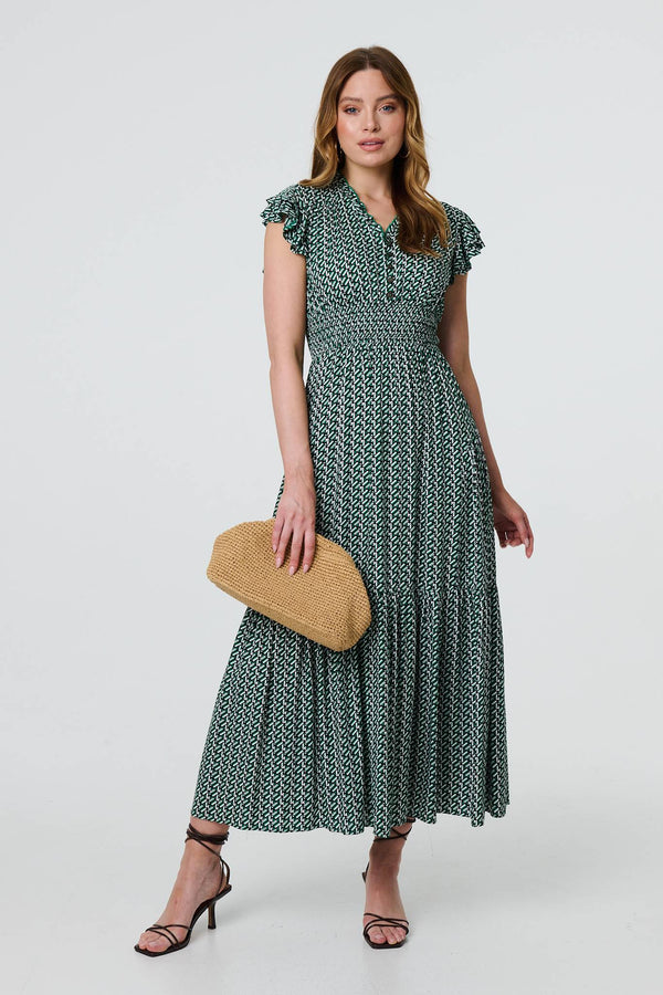 Green | Geo Print Frill Cap Sleeve Maxi Smock Dress
