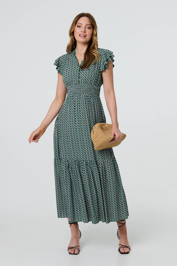Green | Geo Print Frill Cap Sleeve Maxi Smock Dress
