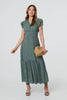 Green | Geo Print Frill Cap Sleeve Maxi Smock Dress
