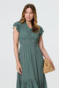 Green | Geo Print Frill Cap Sleeve Maxi Smock Dress
