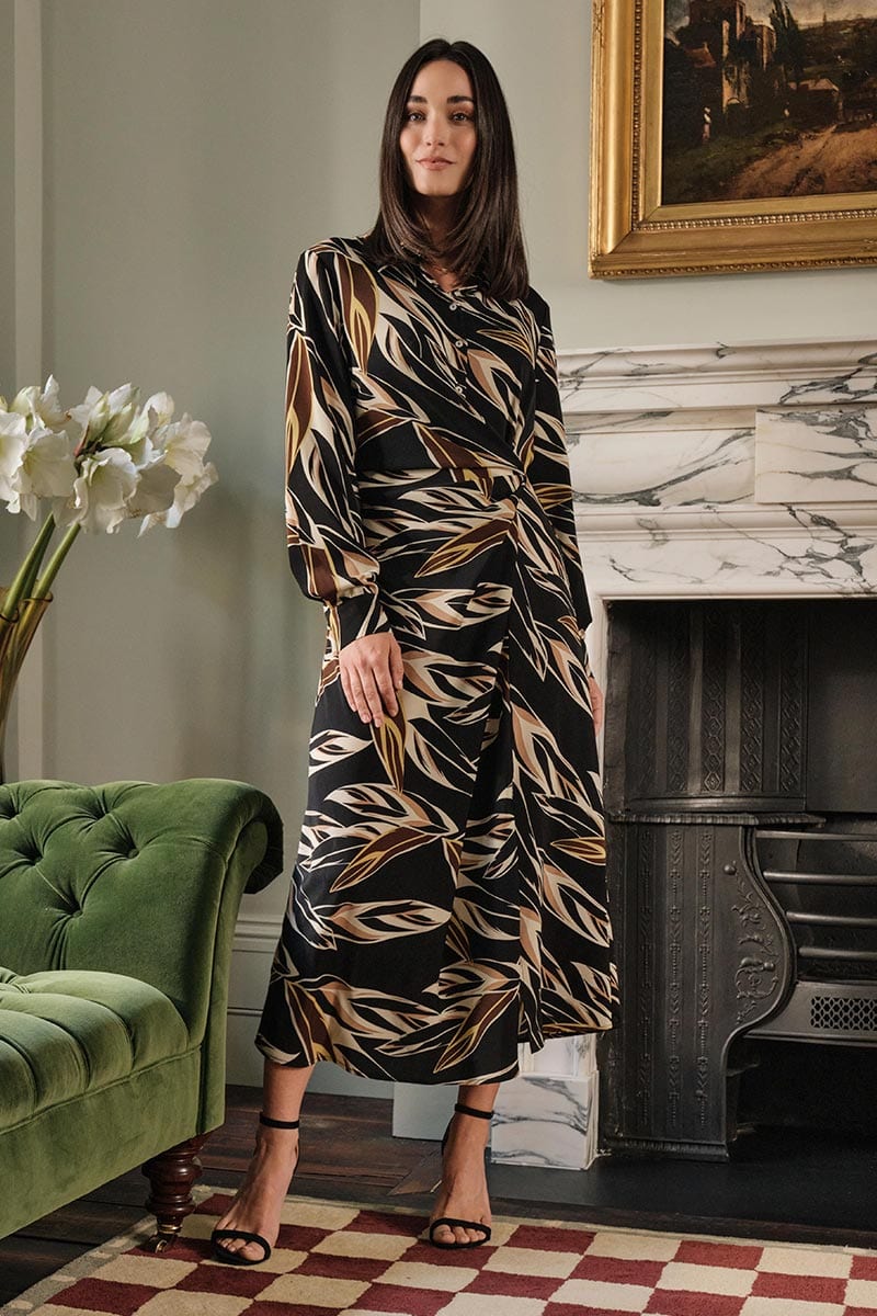 Black | Leaf Print Midi Shirt Dress