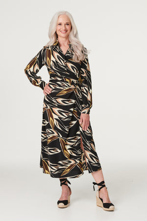 Black | Leaf Print Midi Shirt Dress