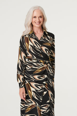 Black | Leaf Print Midi Shirt Dress