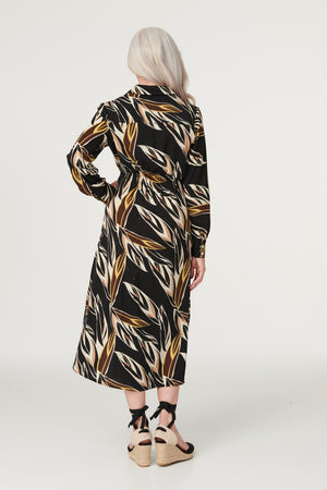 Black | Leaf Print Midi Shirt Dress