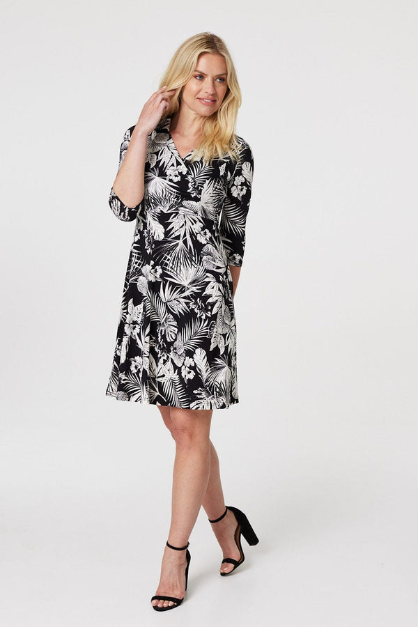 Black | Leaf Print Wrap Front Shirt Dress