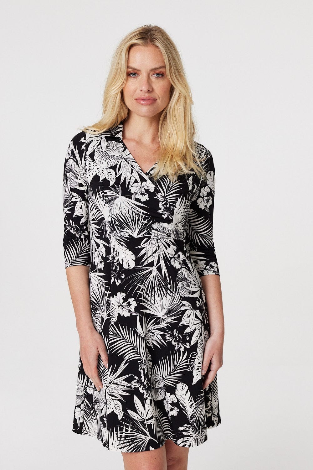Black | Leaf Print Wrap Front Shirt Dress