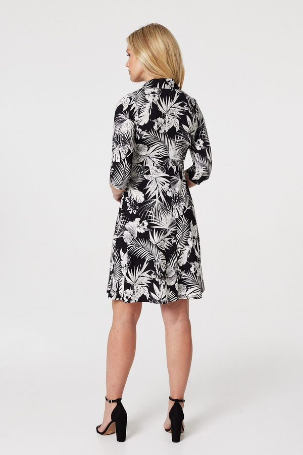 Black | Leaf Print Wrap Front Shirt Dress