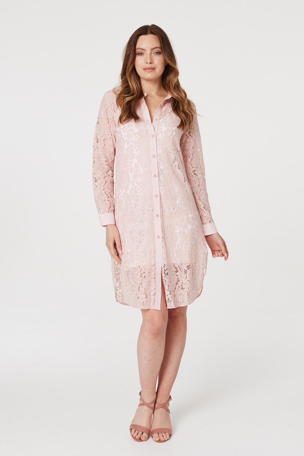 Pink | Lace Longline Shirt Dress