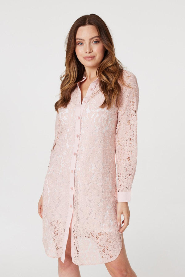 Pink | Lace Longline Shirt Dress