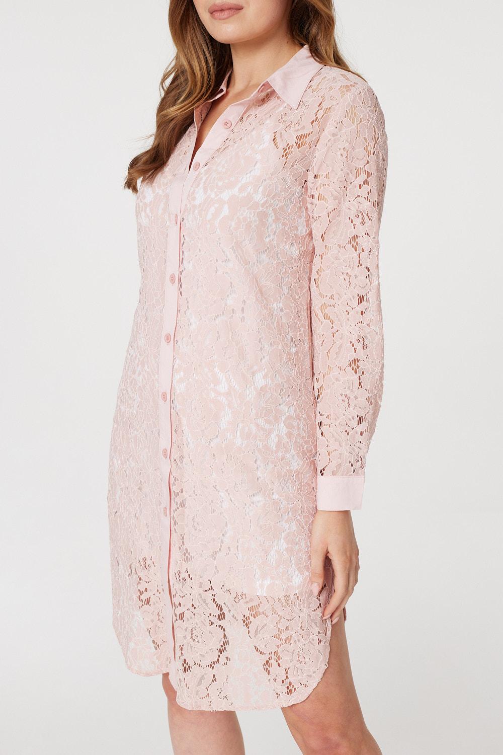 Pink | Lace Longline Shirt Dress