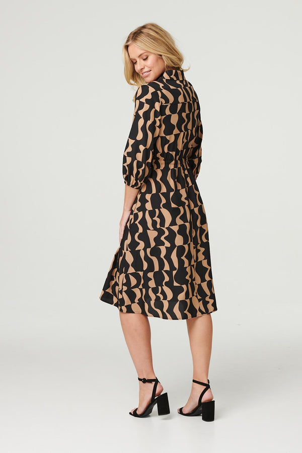 Black | Printed Drawstring Shirt Dress