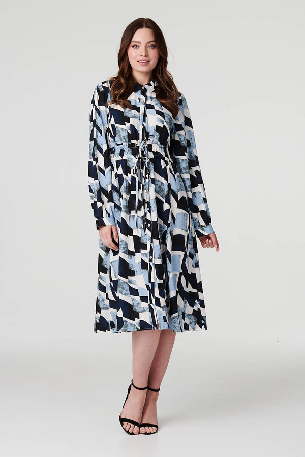 Blue | Printed Tie Waist Knee Length Dress : Model is 5'9"/175 cm and wears UK8/EU36/US4/AUS8
