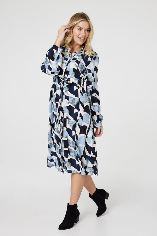 Blue | Printed Tie Waist Knee Length Dress : Model is 5'10"/178 cm and wears UK8/EU36/US4/AUS8