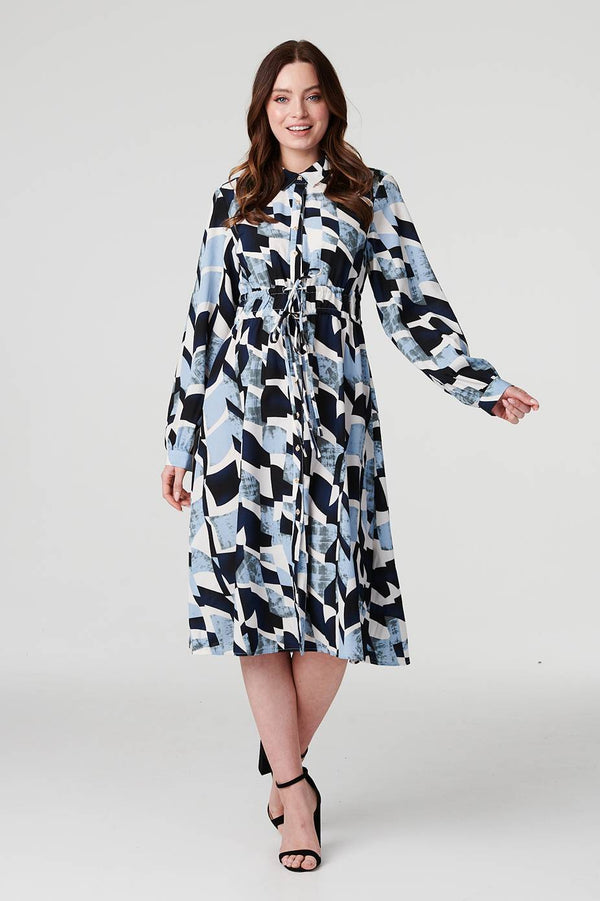 Blue | Printed Tie Waist Knee Length Dress