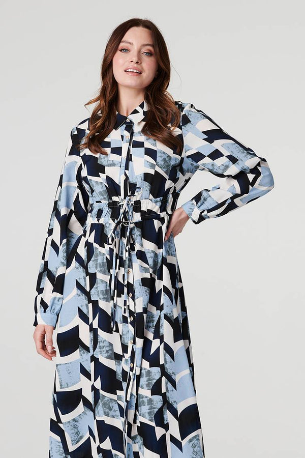 Blue | Printed Tie Waist Knee Length Dress