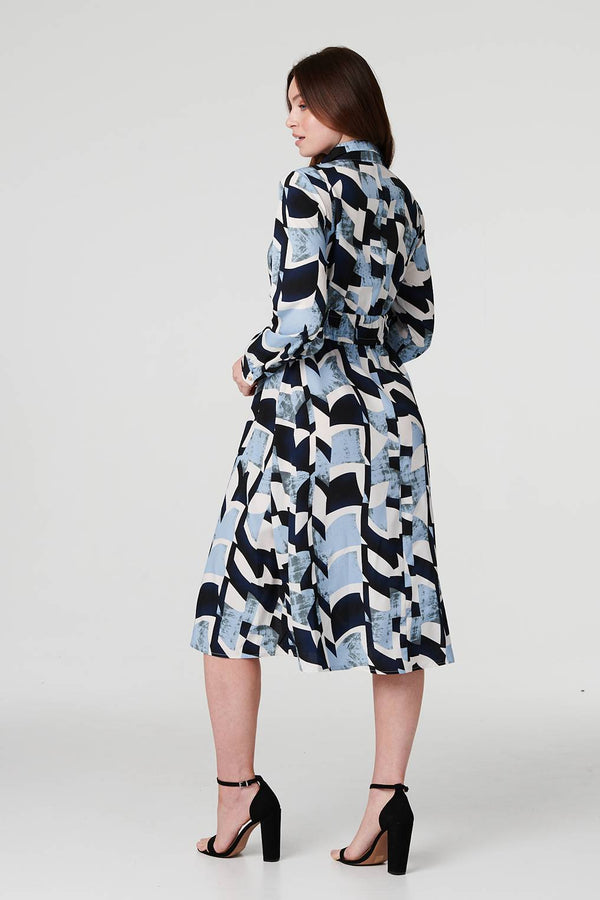 Blue | Printed Tie Waist Knee Length Dress