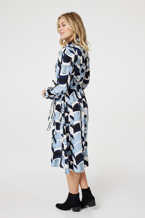 Blue | Printed Tie Waist Knee Length Dress