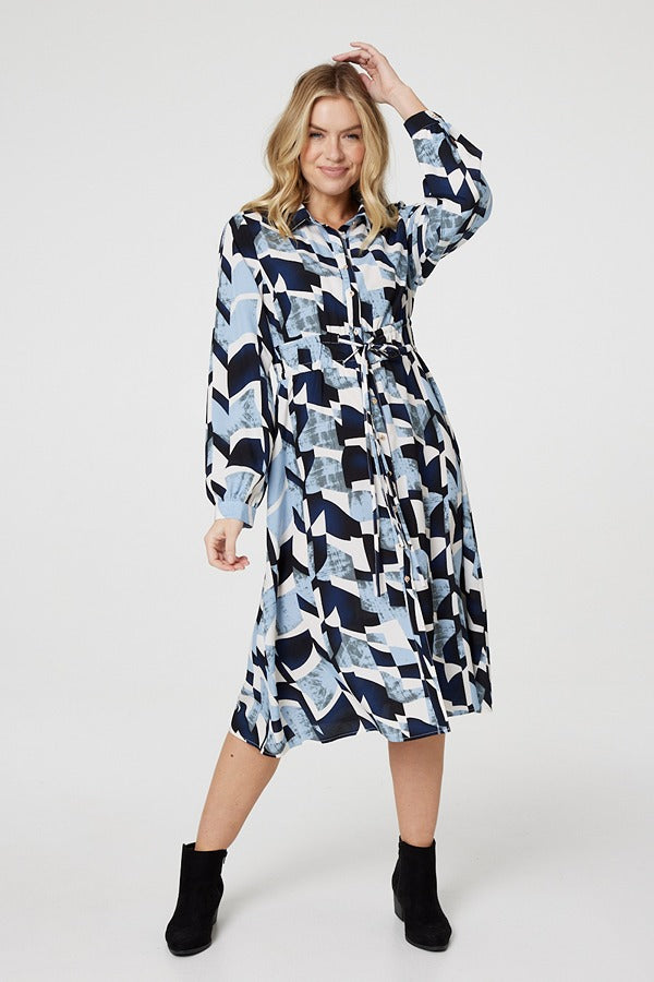Blue | Printed Tie Waist Knee Length Dress