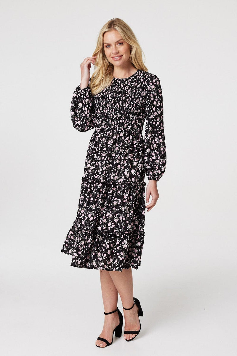 Black | Floral Long Sleeved Midi Dress